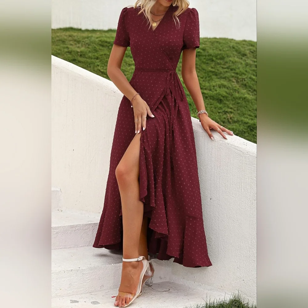 Swiss Dot Burgundy Wrap Dress - Picture 5 of 11